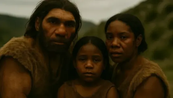 AI reconstruction of mixed Neanderthal-Homo sapiens family.