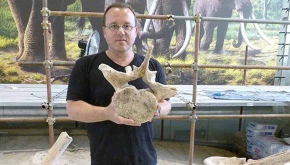 Prof. Ran Barkai holds a segment of an ancient elephant at the La Polledrara site in Italy.