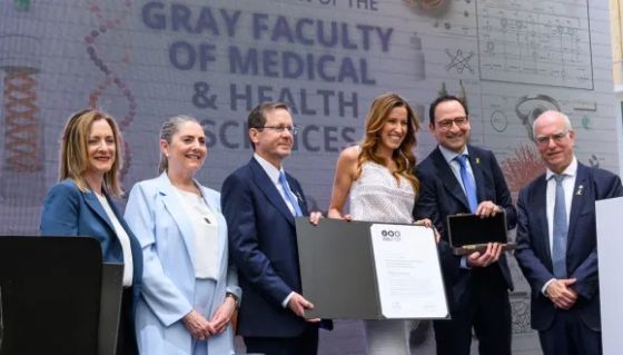 From left to right: Medical Dean Prof. Karen Avraham, First Lady Michal Herzog, Israel's President Isaac Herzog, Mindy and Jon Gray, and TAU President Prof. Ariel Porat at the inauguration ceremony of the Gray Faculty of Medical & Health Sciences (Photo credit: Yuval Yosef)