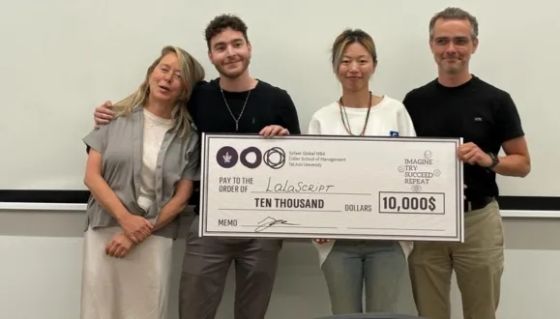 Prof Jackie Goren, Head of the Sofaer Global MBA with Lalascript team: Ohad Gev, Liu Liu, and Ilya Kolin (left to right)